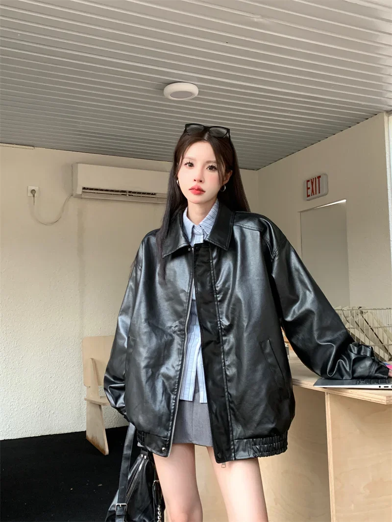 2025 Faux Leather Jacket Women American Vintage Solid Pu Loose Casual Biker Outwear Streetwear Coats Woman