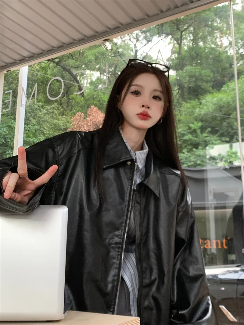 2025 Faux Leather Jacket Women American Vintage Solid Pu Loose Casual Biker Outwear Streetwear Coats Woman