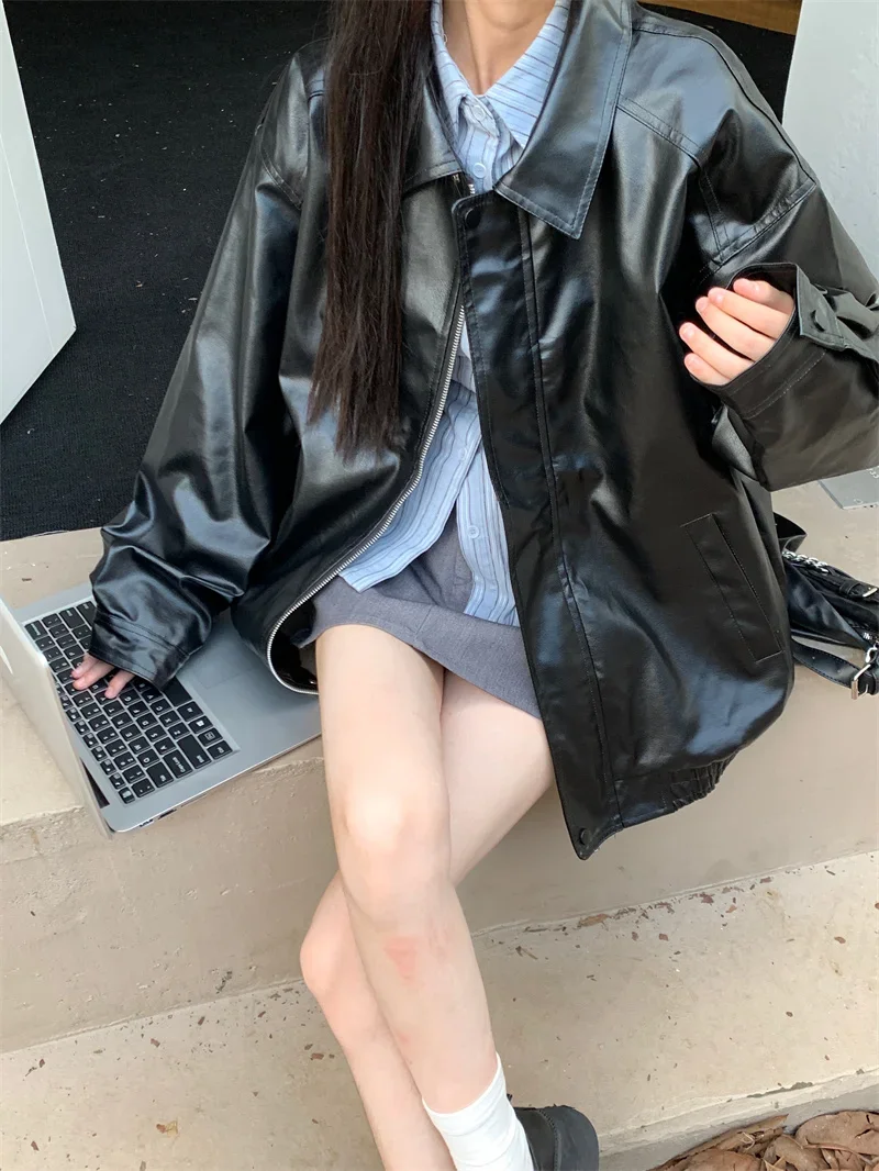 2025 Faux Leather Jacket Women American Vintage Solid Pu Loose Casual Biker Outwear Streetwear Coats Woman