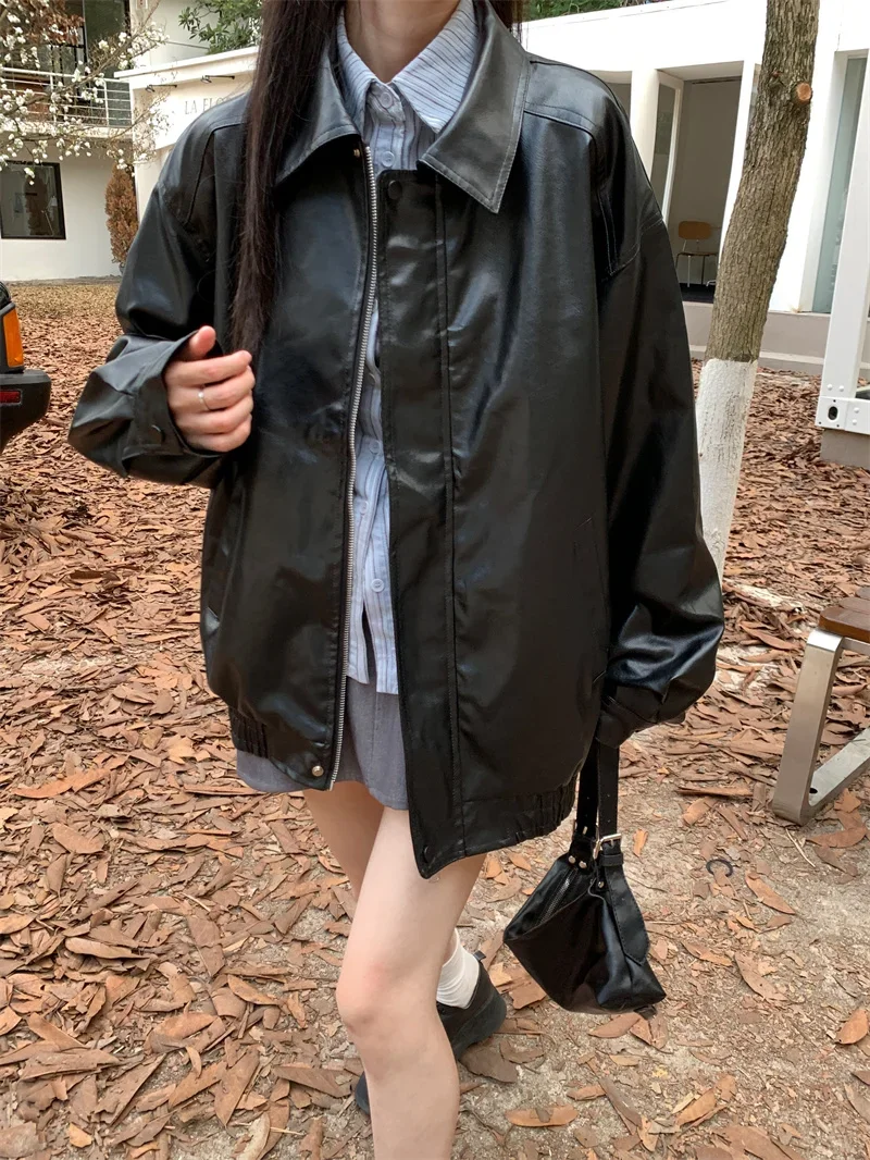 2025 Faux Leather Jacket Women American Vintage Solid Pu Loose Casual Biker Outwear Streetwear Coats Woman
