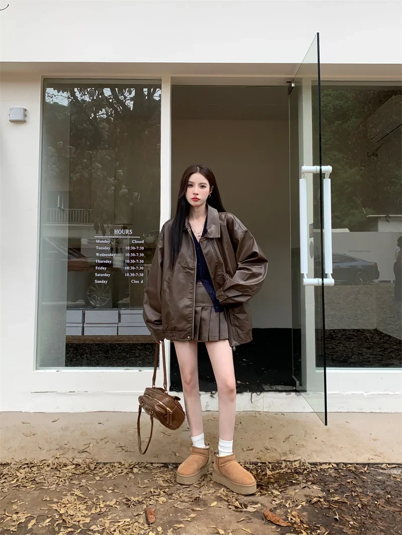 2025 Faux Leather Jacket Women American Vintage Solid Pu Loose Casual Biker Outwear Streetwear Coats Woman