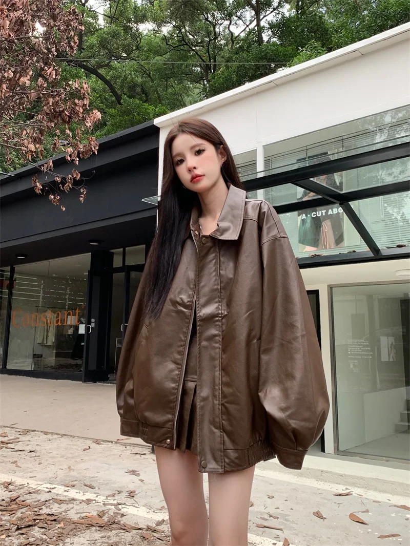 2025 Faux Leather Jacket Women American Vintage Solid Pu Loose Casual Biker Outwear Streetwear Coats Woman
