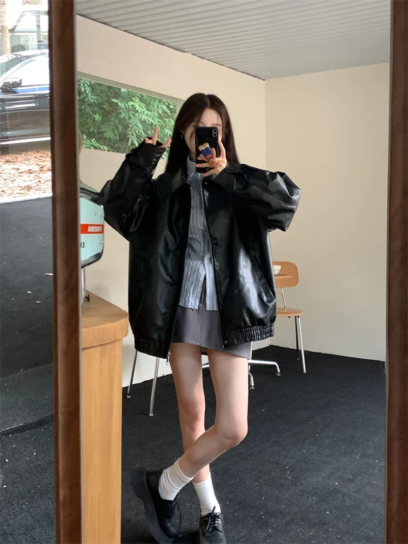 2025 Faux Leather Jacket Women American Vintage Solid Pu Loose Casual Biker Outwear Streetwear Coats Woman