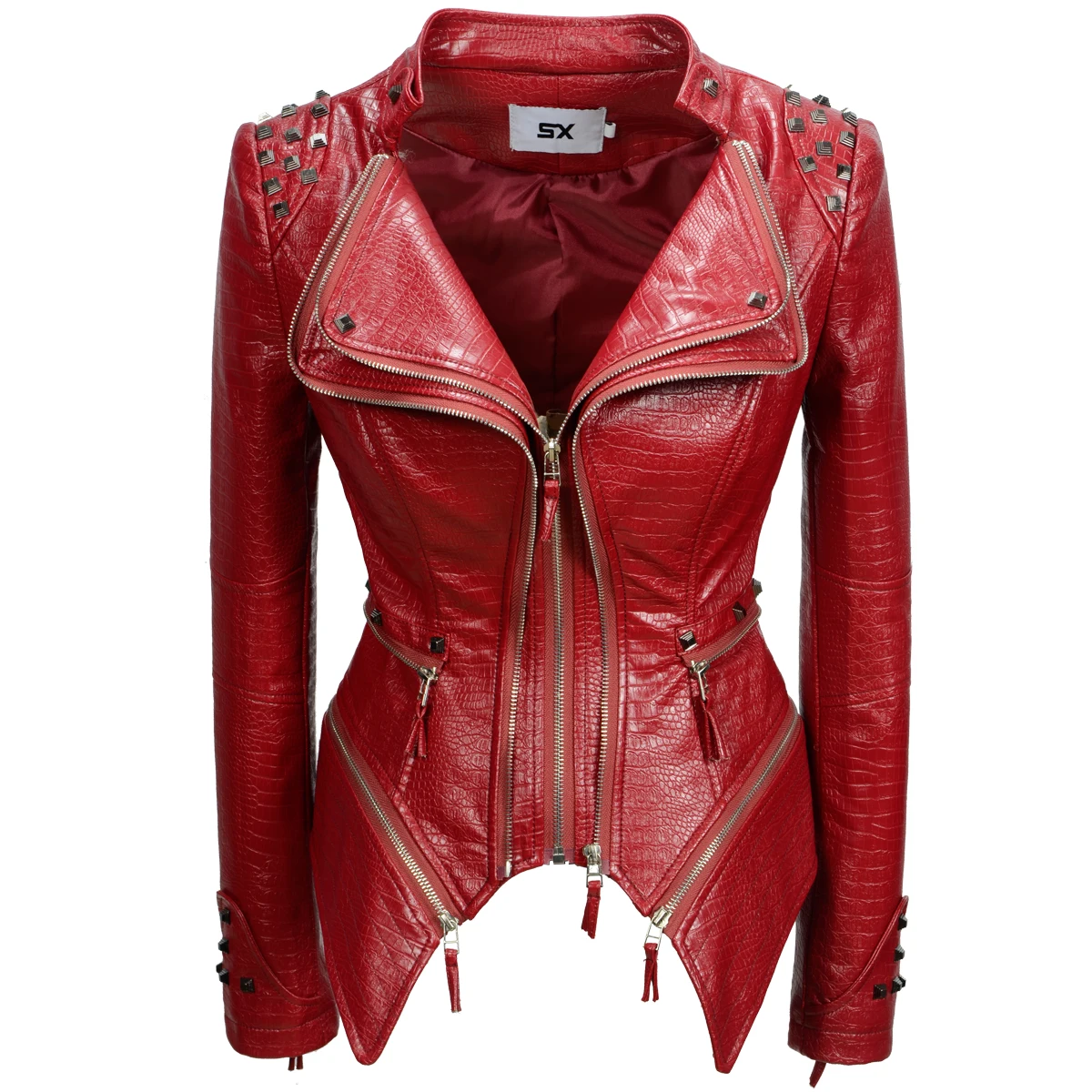 Fashion SX Women's Crocodile Rivet PU Jacket Perfect Shape Motorcycle Bicycle Jacket