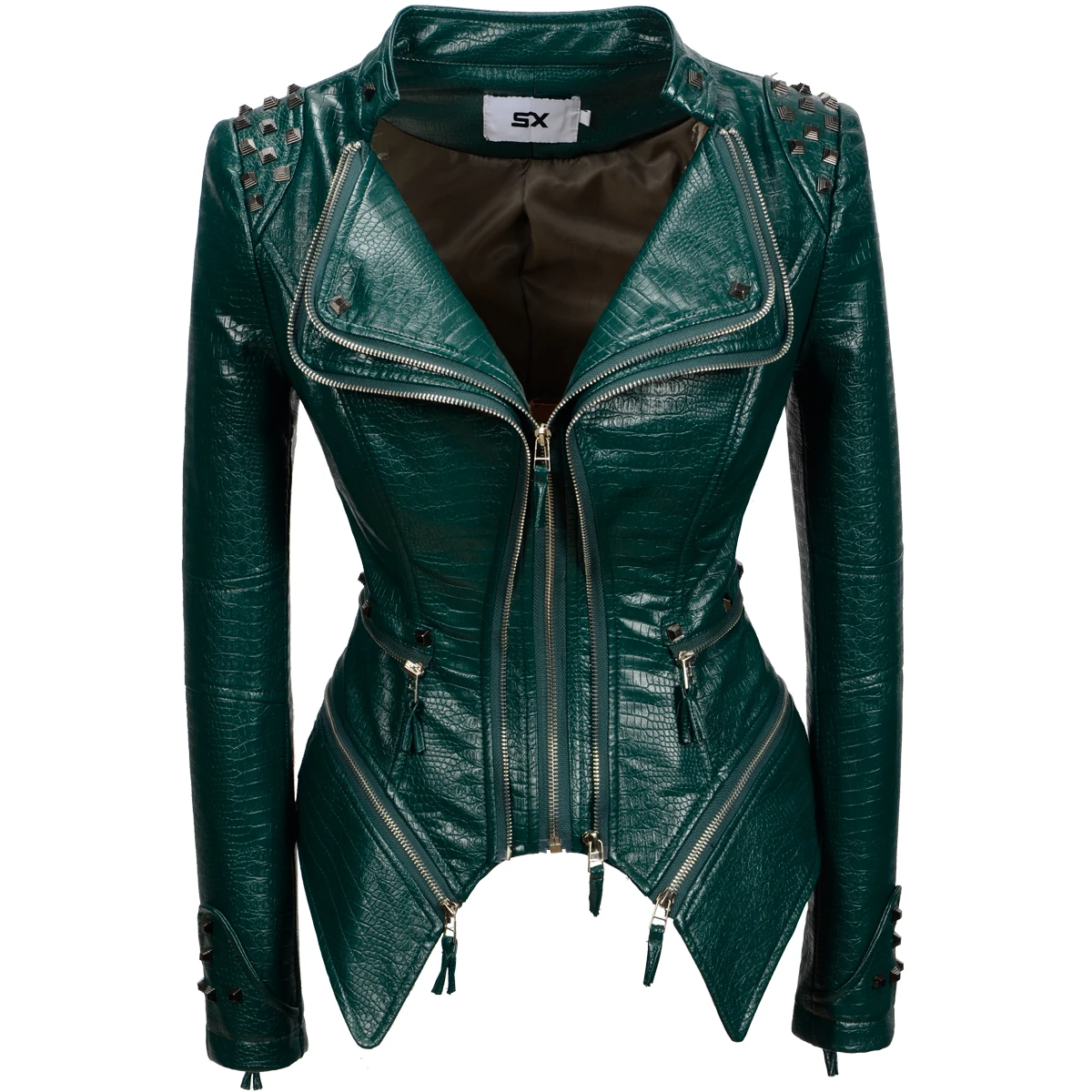 Fashion SX Women's Crocodile Rivet PU Jacket Perfect Shape Motorcycle Bicycle Jacket