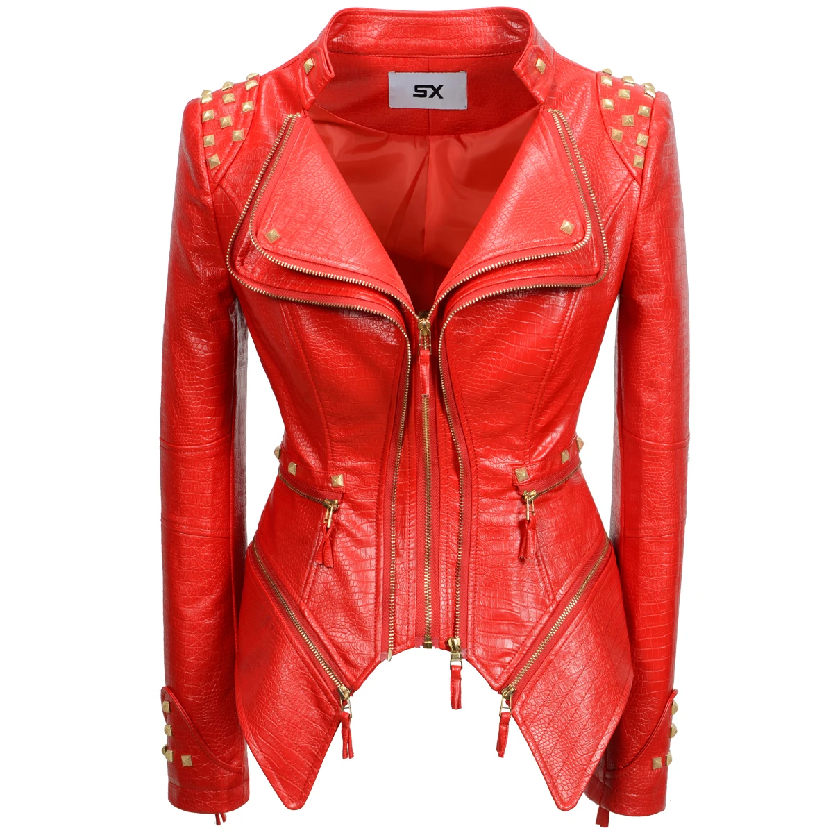 Fashion SX Women's Crocodile Rivet PU Jacket Perfect Shape Motorcycle Bicycle Jacket