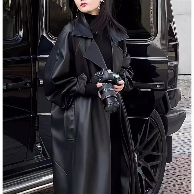 Design Blazers Leather Trench Coat For Women Spring Autumn Over The Knee Long PU Leather Jacket Female Black Leather Windbreaker