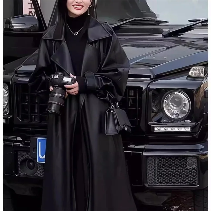 Design Blazers Leather Trench Coat For Women Spring Autumn Over The Knee Long PU Leather Jacket Female Black Leather Windbreaker