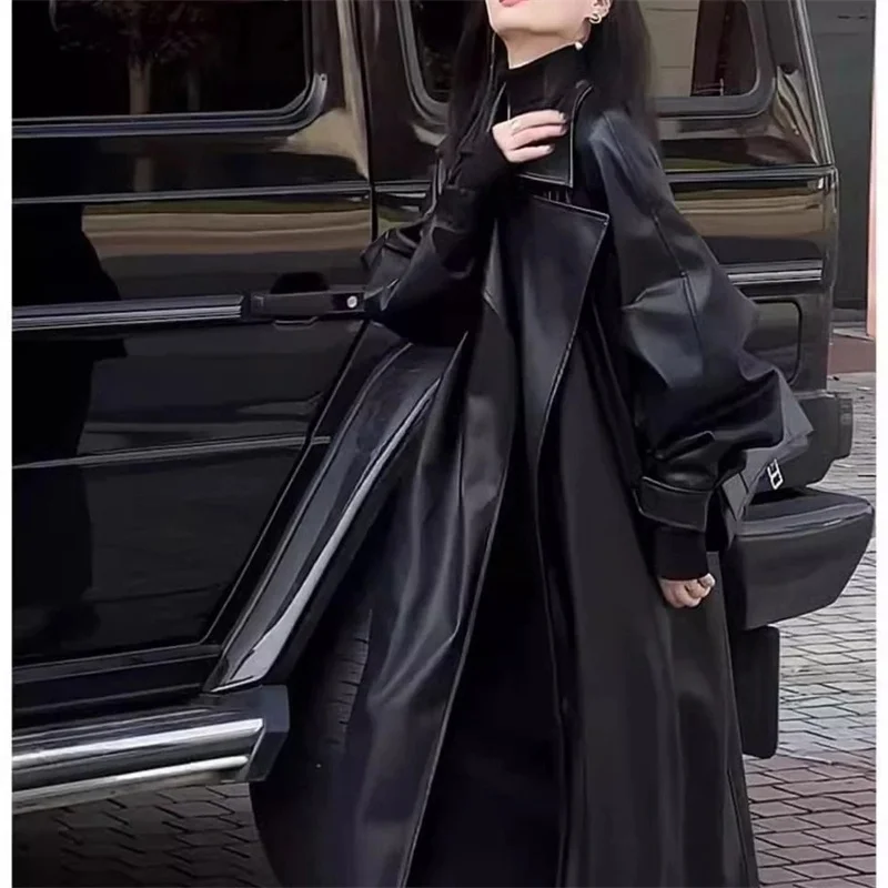 Design Blazers Leather Trench Coat For Women Spring Autumn Over The Knee Long PU Leather Jacket Female Black Leather Windbreaker