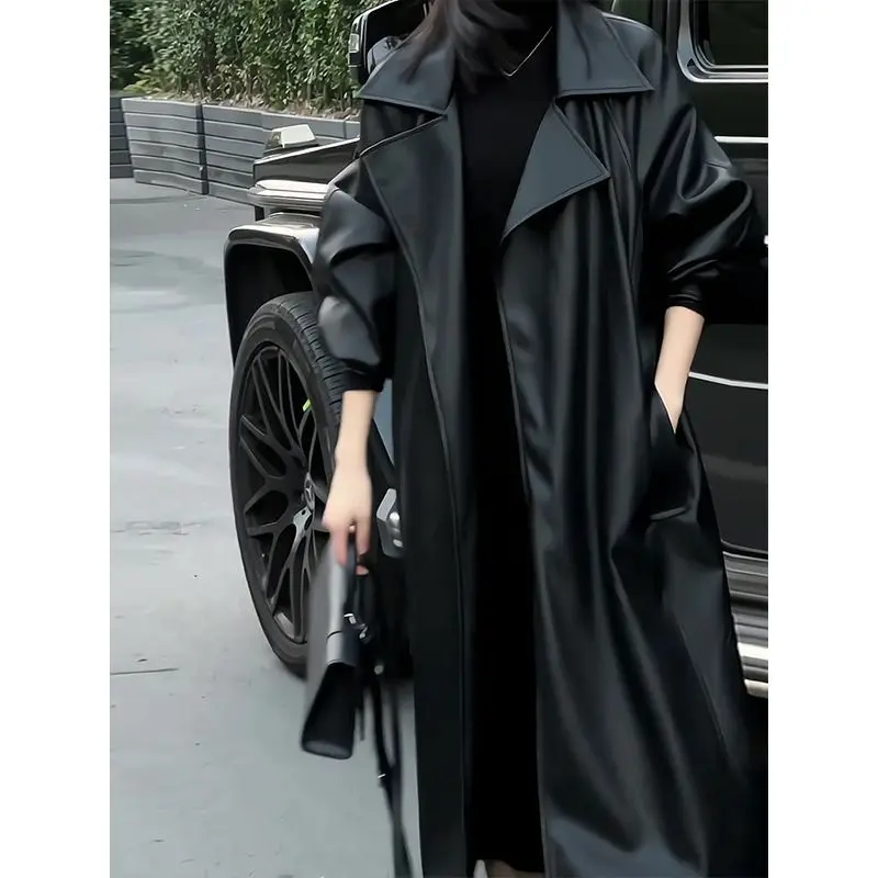Design Blazers Leather Trench Coat For Women Spring Autumn Over The Knee Long PU Leather Jacket Female Black Leather Windbreaker