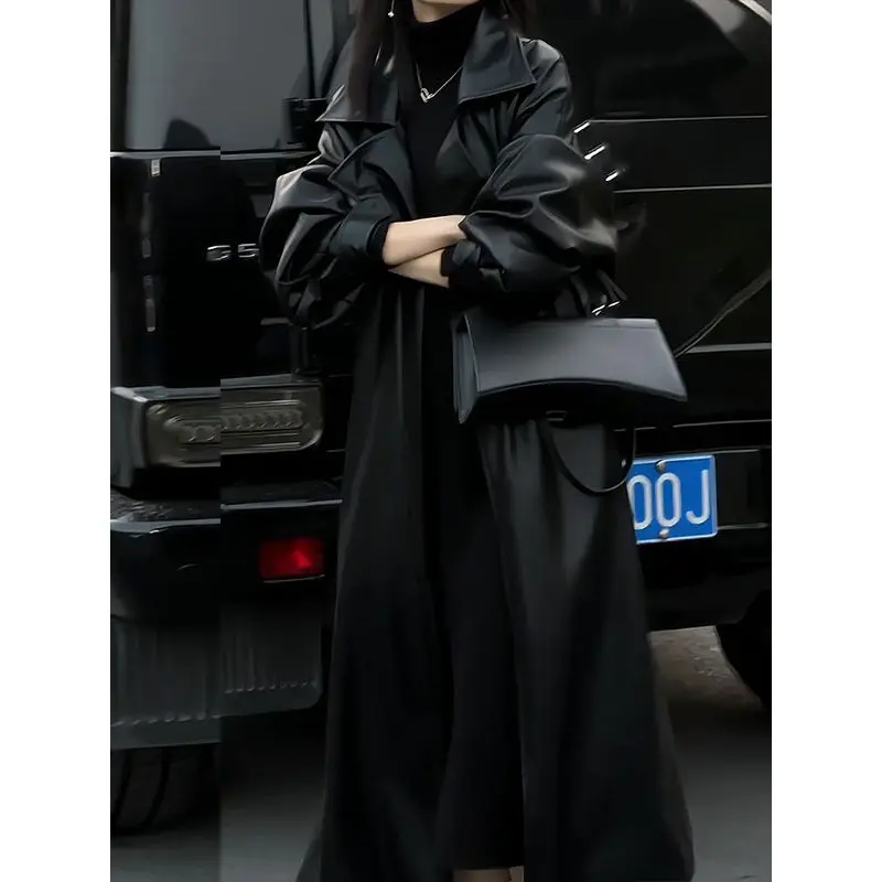 Design Blazers Leather Trench Coat For Women Spring Autumn Over The Knee Long PU Leather Jacket Female Black Leather Windbreaker