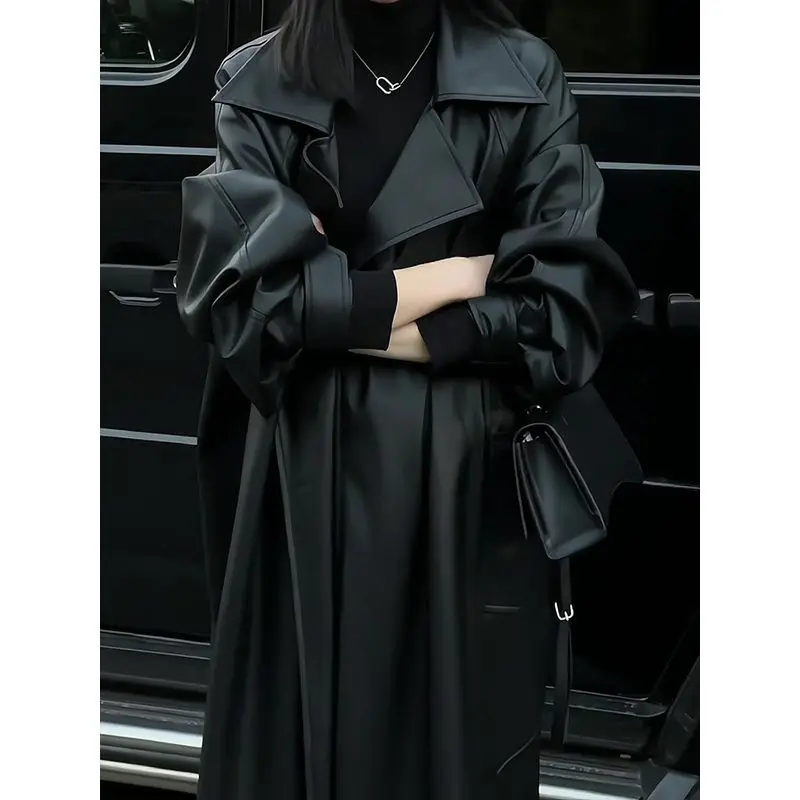 Design Blazers Leather Trench Coat For Women Spring Autumn Over The Knee Long PU Leather Jacket Female Black Leather Windbreaker