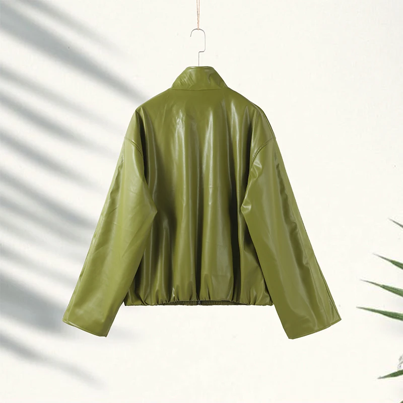 Women Fashion Faux Leather Jacket Turn Down Collar Long Sleeve Zipper Drop Shoulder Oversized Jackets 2026 Autumn All-match Coat
