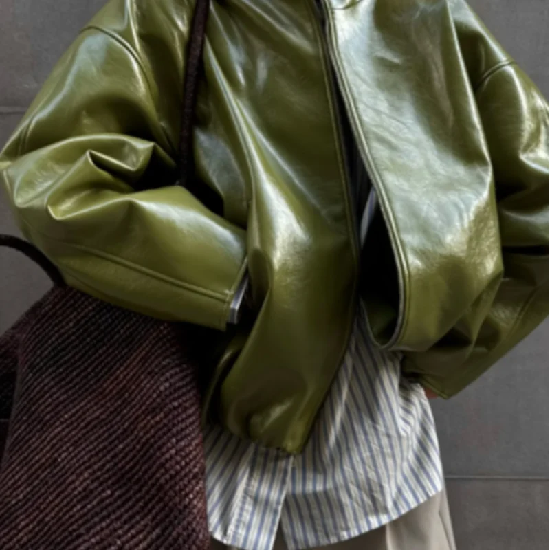 Women Fashion Faux Leather Jacket Turn Down Collar Long Sleeve Zipper Drop Shoulder Oversized Jackets 2026 Autumn All-match Coat