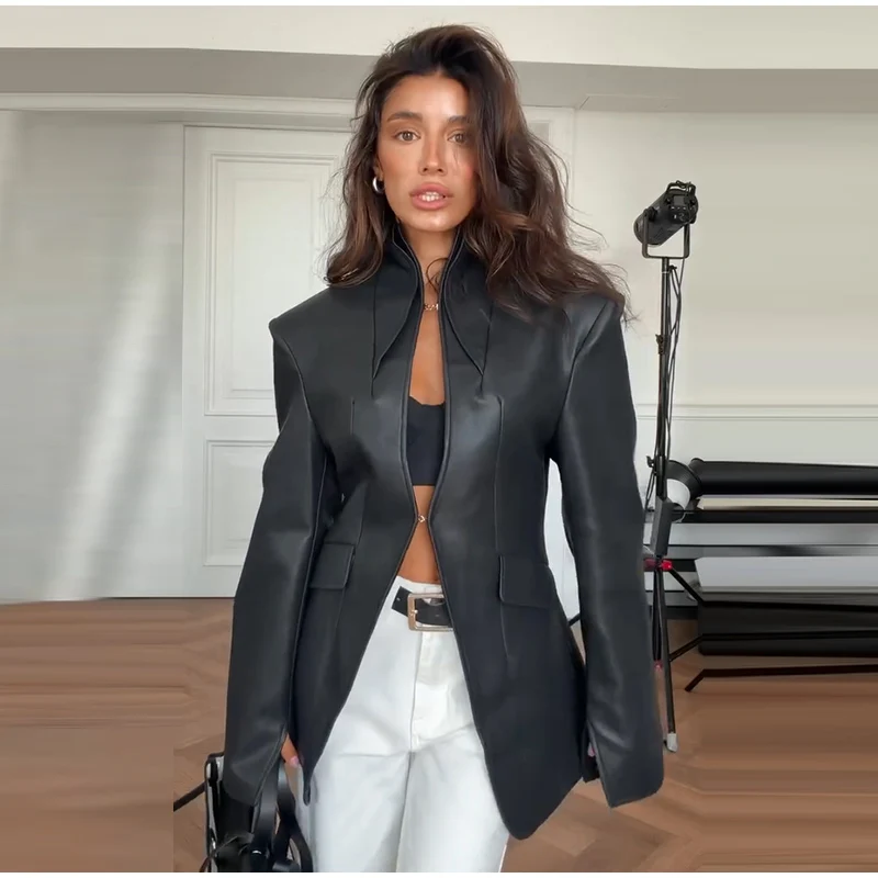 Women Fashion Faux Leather Jacket Turn Down Collar Long Sleeve Zipper Drop Shoulder Oversized Jackets 2026 Autumn All-match Coat