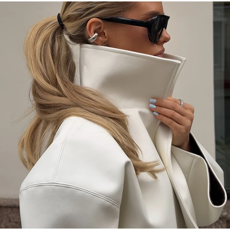 Women Fashion Faux Leather Jacket Turn Down Collar Long Sleeve Zipper Drop Shoulder Oversized Jackets 2026 Autumn All-match Coat