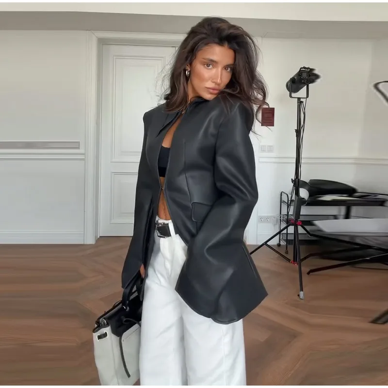 Women Fashion Faux Leather Jacket Turn Down Collar Long Sleeve Zipper Drop Shoulder Oversized Jackets 2026 Autumn All-match Coat
