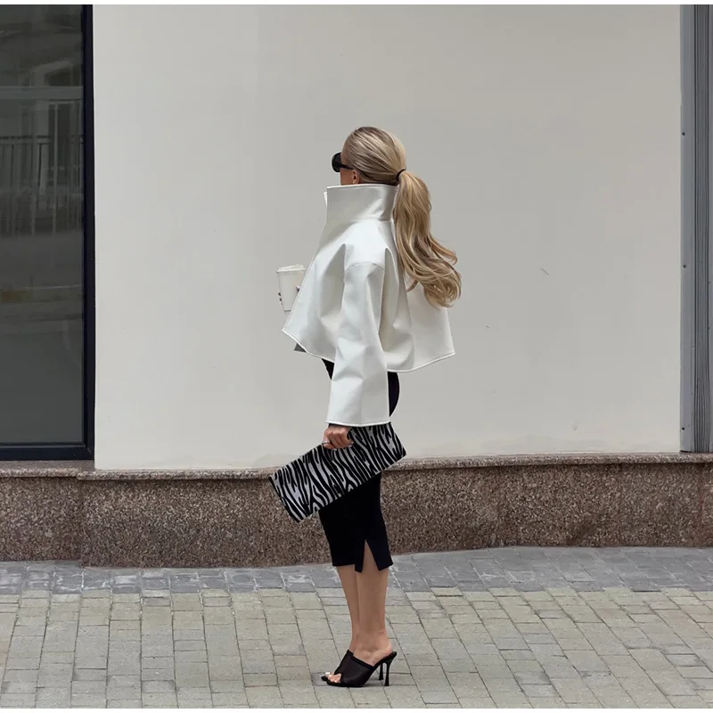 Women Fashion Faux Leather Jacket Turn Down Collar Long Sleeve Zipper Drop Shoulder Oversized Jackets 2026 Autumn All-match Coat