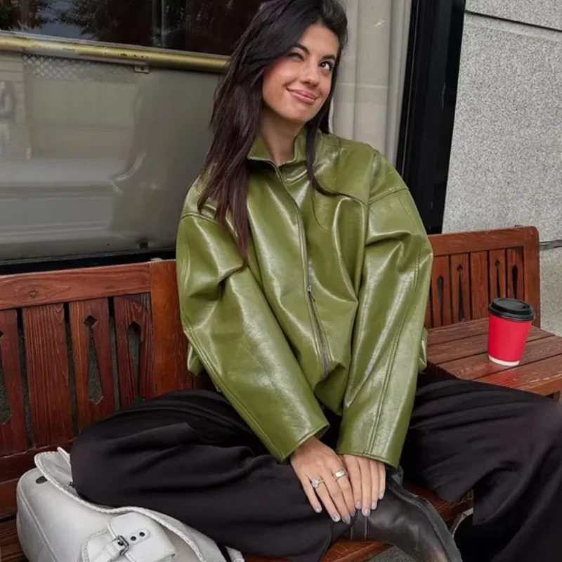 Women Fashion Faux Leather Jacket Turn Down Collar Long Sleeve Zipper Drop Shoulder Oversized Jackets 2026 Autumn All-match Coat