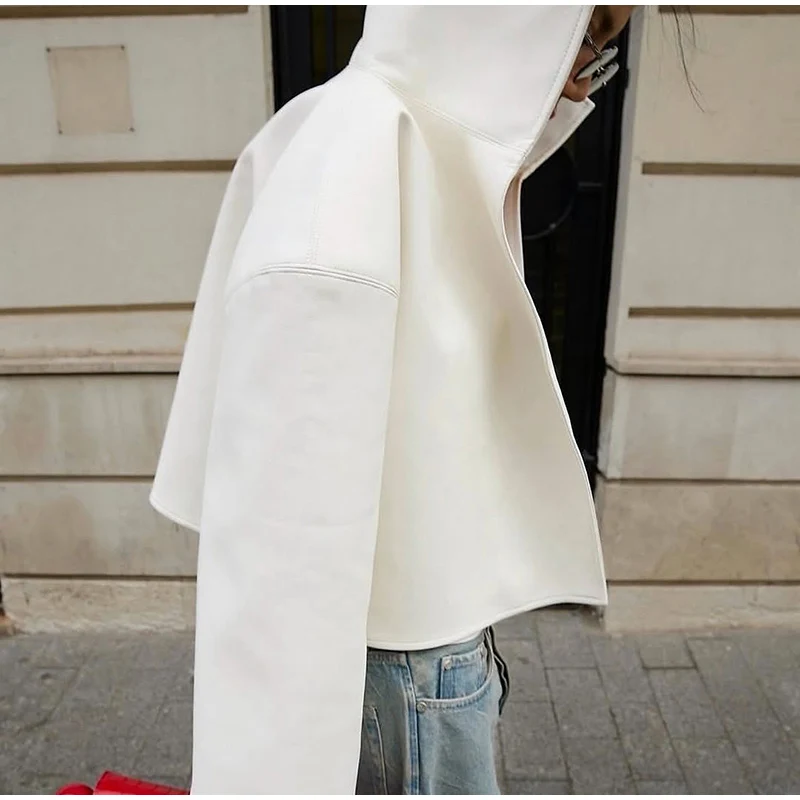 Women Fashion Faux Leather Jacket Turn Down Collar Long Sleeve Zipper Drop Shoulder Oversized Jackets 2026 Autumn All-match Coat