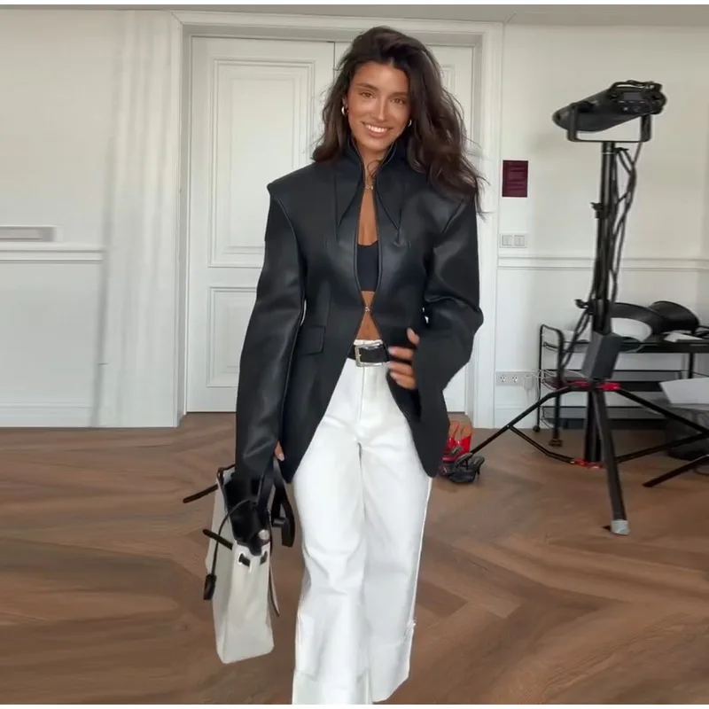 Women Fashion Faux Leather Jacket Turn Down Collar Long Sleeve Zipper Drop Shoulder Oversized Jackets 2026 Autumn All-match Coat