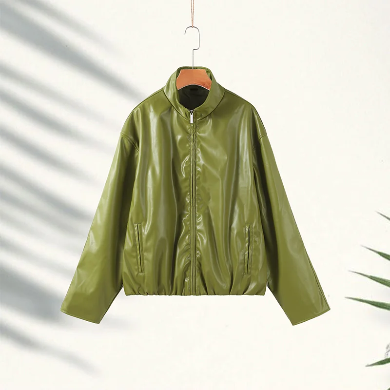 Women Fashion Faux Leather Jacket Turn Down Collar Long Sleeve Zipper Drop Shoulder Oversized Jackets 2026 Autumn All-match Coat