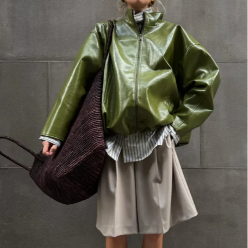 Women Fashion Faux Leather Jacket Turn Down Collar Long Sleeve Zipper Drop Shoulder Oversized Jackets 2026 Autumn All-match Coat