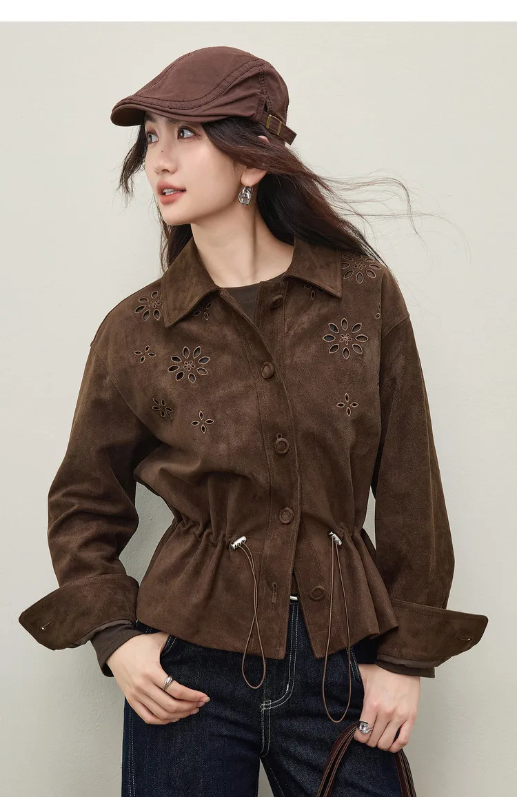 SENTUBILA Faux Leather Shirt Jacket for Women 2026 Spring Hollow-out Embroidery Short Coat Retro Office Lady Outerwear 161WB4866