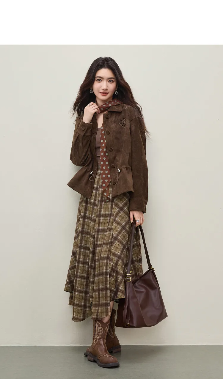 SENTUBILA Faux Leather Shirt Jacket for Women 2026 Spring Hollow-out Embroidery Short Coat Retro Office Lady Outerwear 161WB4866