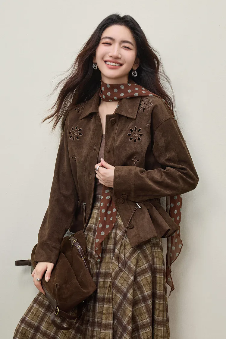 SENTUBILA Faux Leather Shirt Jacket for Women 2026 Spring Hollow-out Embroidery Short Coat Retro Office Lady Outerwear 161WB4866