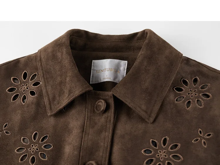SENTUBILA Faux Leather Shirt Jacket for Women 2026 Spring Hollow-out Embroidery Short Coat Retro Office Lady Outerwear 161WB4866