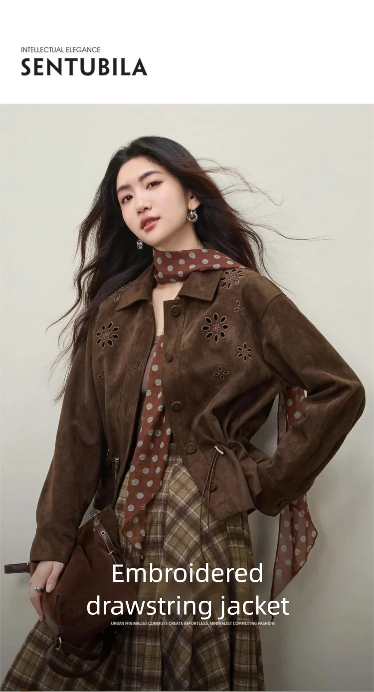 SENTUBILA Faux Leather Shirt Jacket for Women 2026 Spring Hollow-out Embroidery Short Coat Retro Office Lady Outerwear 161WB4866