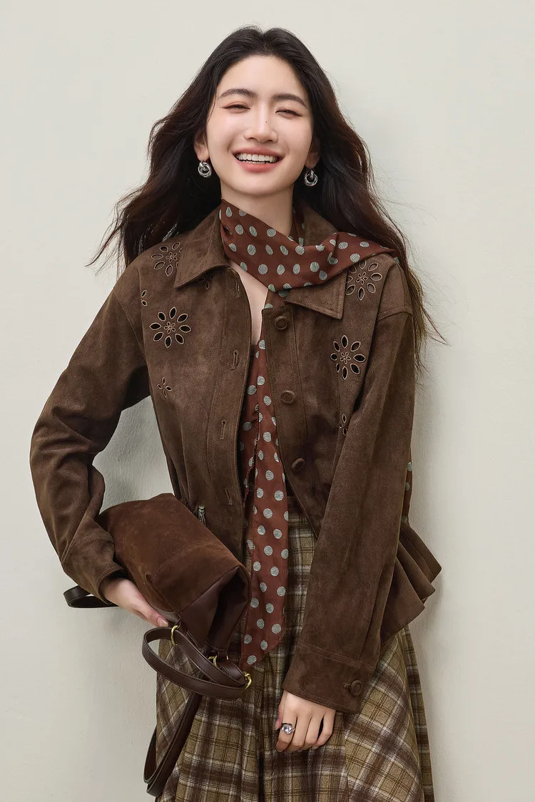 SENTUBILA Faux Leather Shirt Jacket for Women 2026 Spring Hollow-out Embroidery Short Coat Retro Office Lady Outerwear 161WB4866