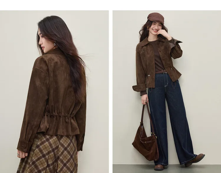SENTUBILA Faux Leather Shirt Jacket for Women 2026 Spring Hollow-out Embroidery Short Coat Retro Office Lady Outerwear 161WB4866