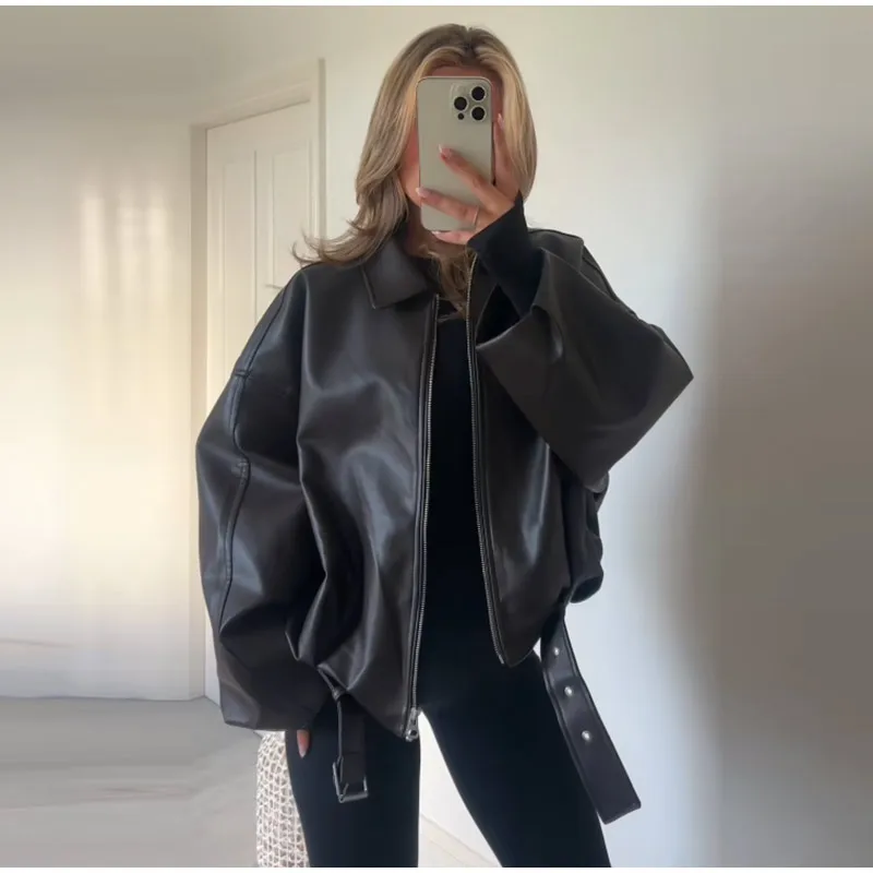 Street Women's Belt Leather Jackets Loose Lapel Zipper Long Sleeve Pockets Female Coats 2026 Autumn Lady Fashion Y2k Outwear