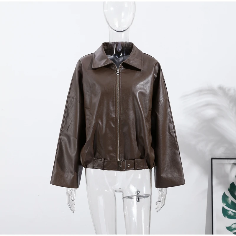 Street Women's Belt Leather Jackets Loose Lapel Zipper Long Sleeve Pockets Female Coats 2026 Autumn Lady Fashion Y2k Outwear