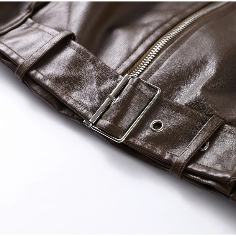 Street Women's Belt Leather Jackets Loose Lapel Zipper Long Sleeve Pockets Female Coats 2026 Autumn Lady Fashion Y2k Outwear