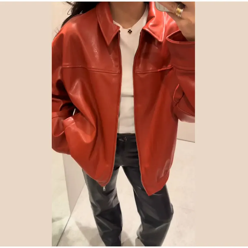 Street Women's Belt Leather Jackets Loose Lapel Zipper Long Sleeve Pockets Female Coats 2026 Autumn Lady Fashion Y2k Outwear