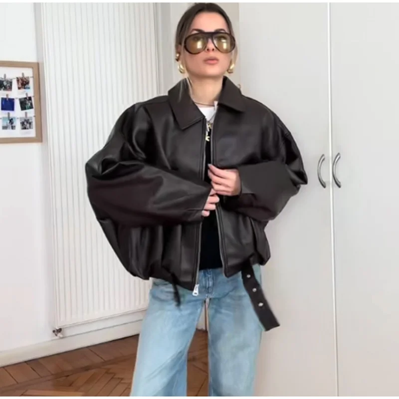 Street Women's Belt Leather Jackets Loose Lapel Zipper Long Sleeve Pockets Female Coats 2026 Autumn Lady Fashion Y2k Outwear