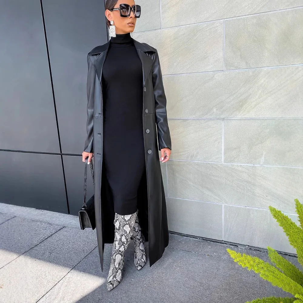 CM.YAYA Women’s Coats Thick PU Leather Long Sleeve 2024 Winter Notched Neck X-Long Trench Street Wear Fashion OL Work Outcoat