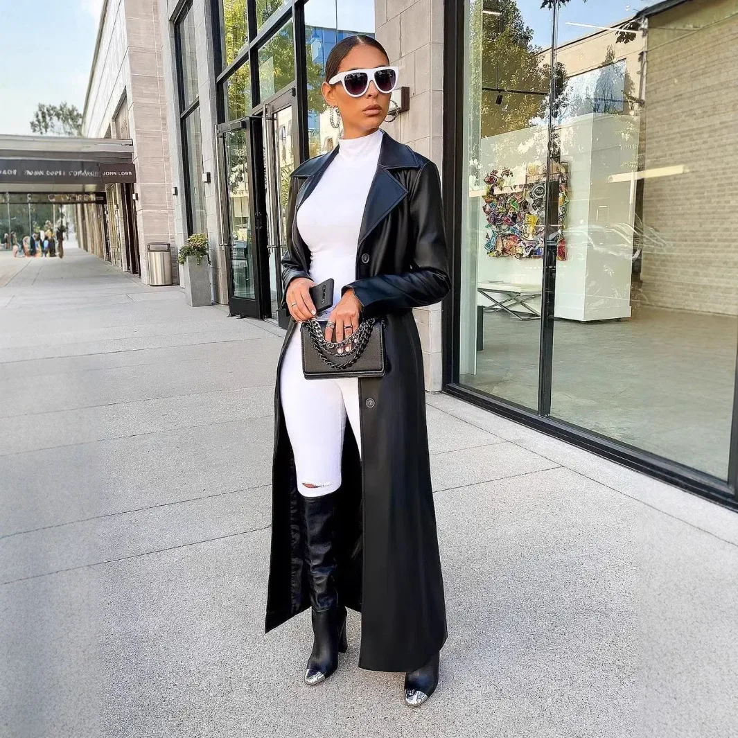 CM.YAYA Women’s Coats Thick PU Leather Long Sleeve 2024 Winter Notched Neck X-Long Trench Street Wear Fashion OL Work Outcoat