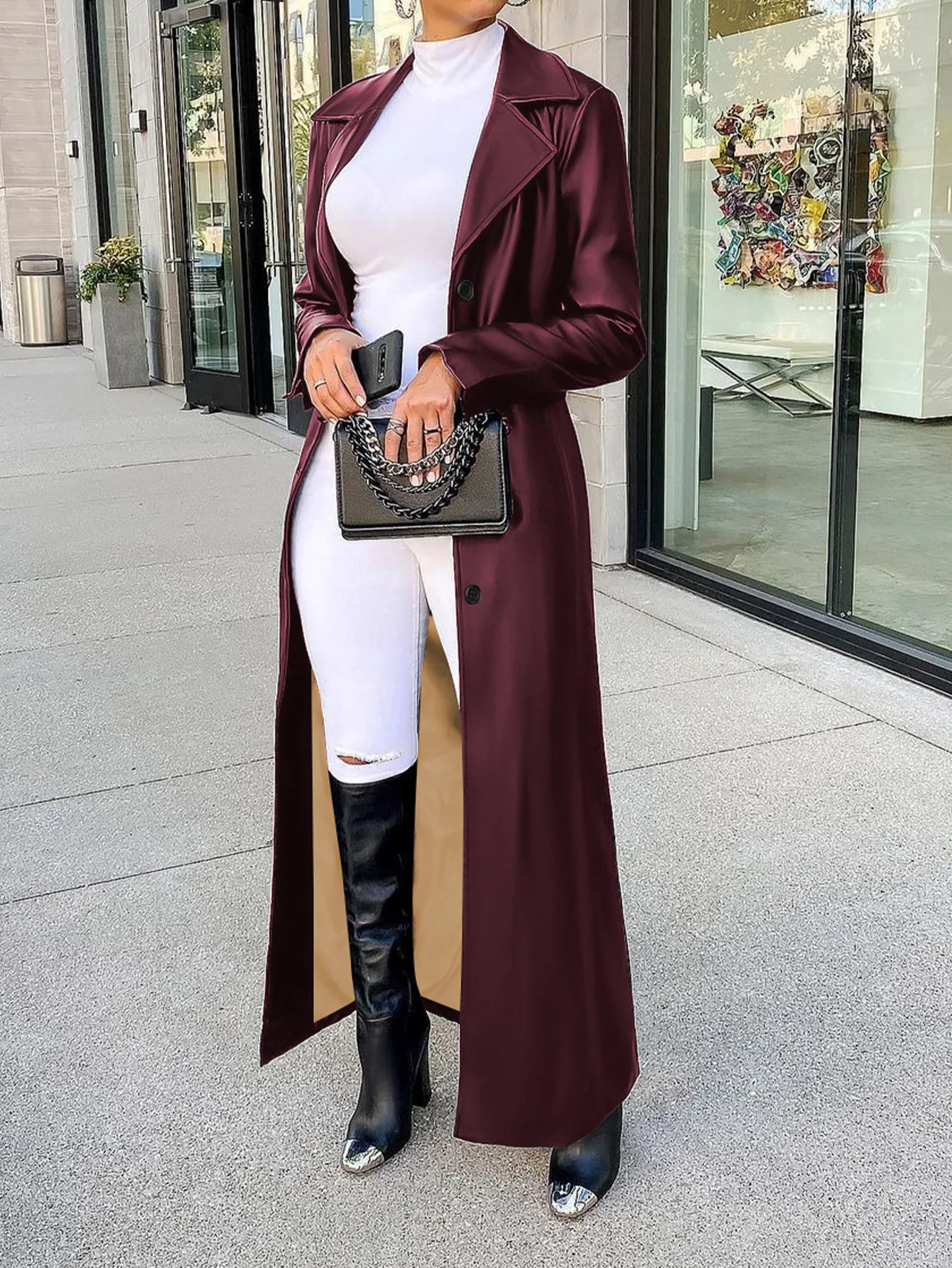 CM.YAYA Women’s Coats Thick PU Leather Long Sleeve 2024 Winter Notched Neck X-Long Trench Street Wear Fashion OL Work Outcoat