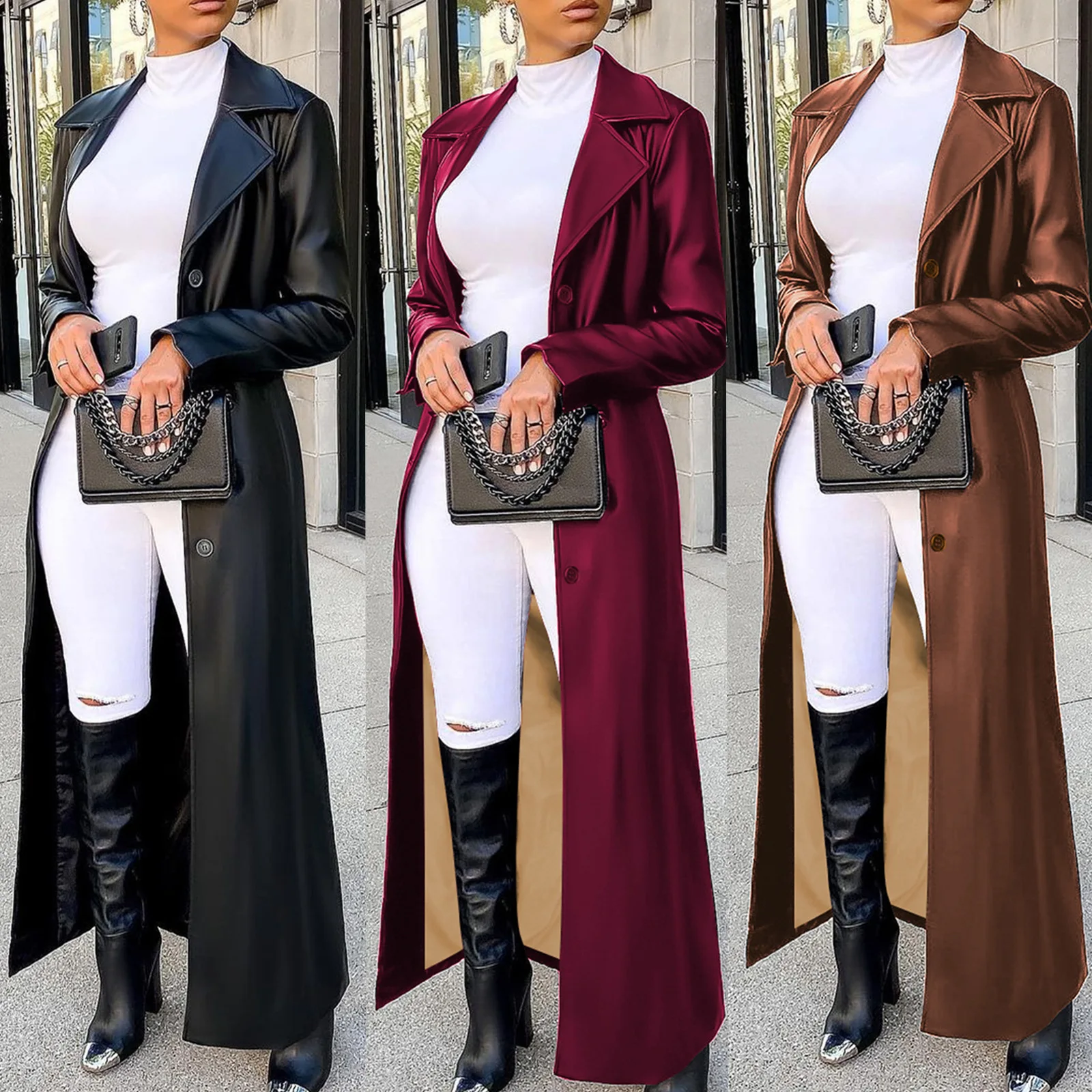 CM.YAYA Women’s Coats Thick PU Leather Long Sleeve 2024 Winter Notched Neck X-Long Trench Street Wear Fashion OL Work Outcoat