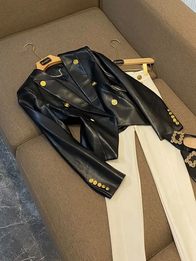 trendy Women's Clothing Faux Leather Coat Black Metal Double-breasted Slim No-wash Leather Suit Top Jacket Coat Women Jackets