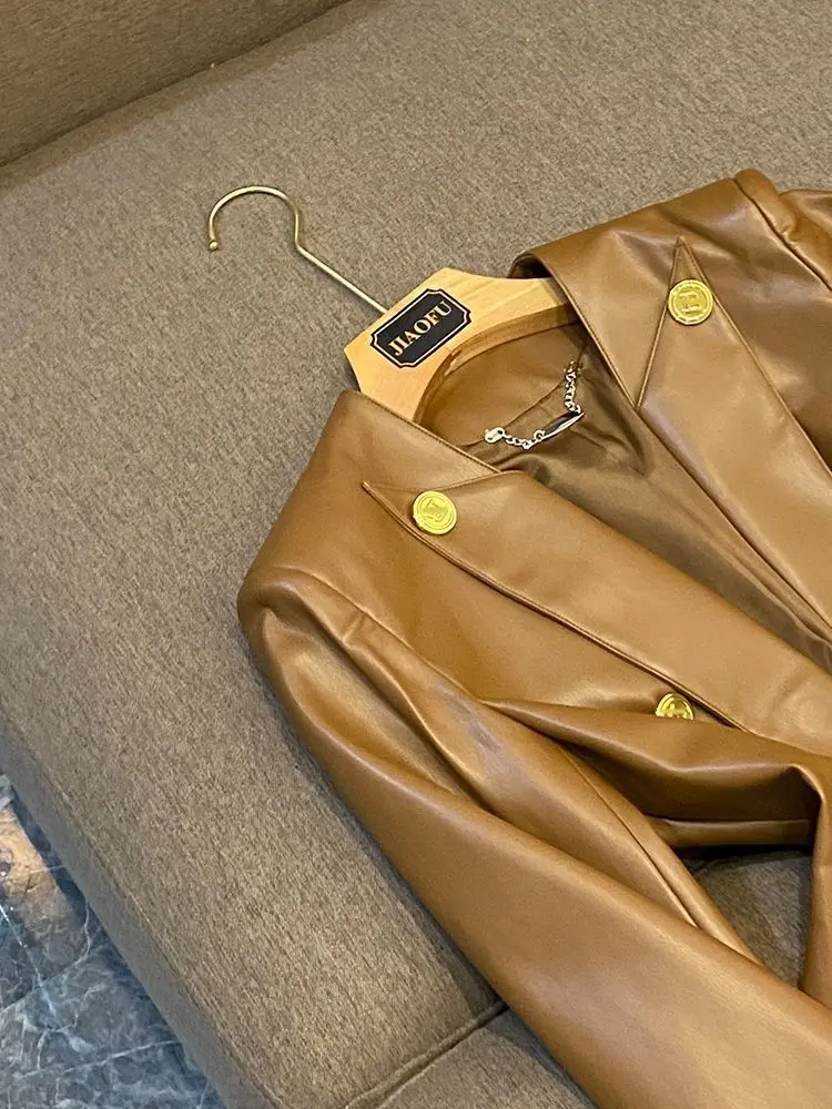 trendy Women's Clothing Faux Leather Coat Black Metal Double-breasted Slim No-wash Leather Suit Top Jacket Coat Women Jackets
