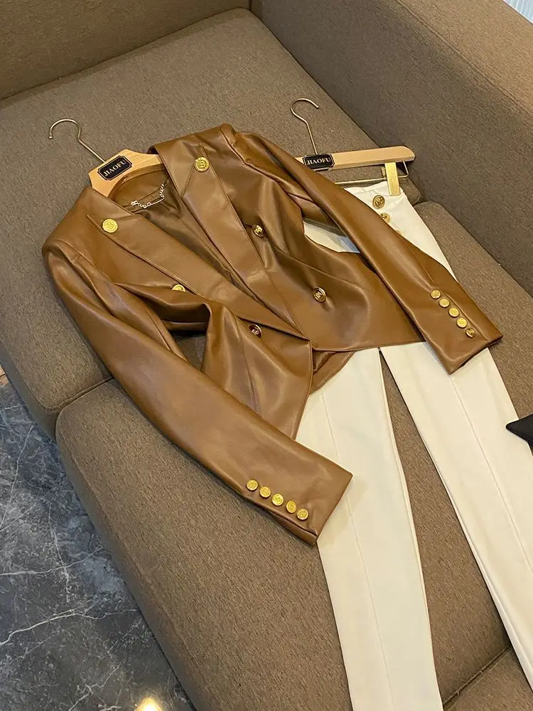 trendy Women's Clothing Faux Leather Coat Black Metal Double-breasted Slim No-wash Leather Suit Top Jacket Coat Women Jackets
