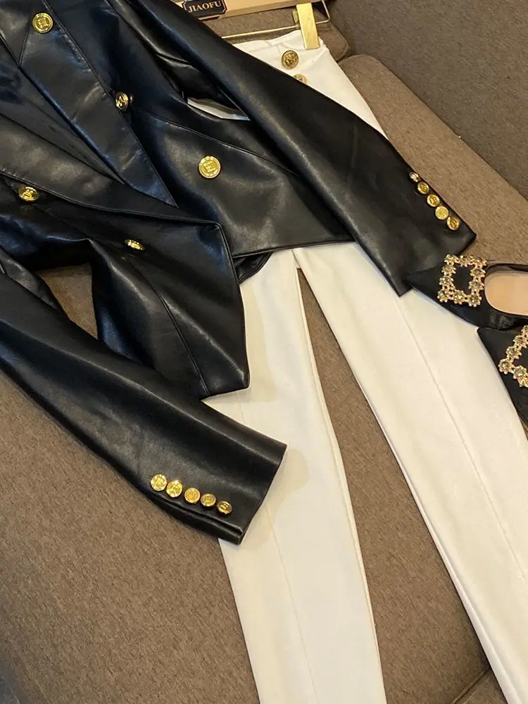 trendy Women's Clothing Faux Leather Coat Black Metal Double-breasted Slim No-wash Leather Suit Top Jacket Coat Women Jackets
