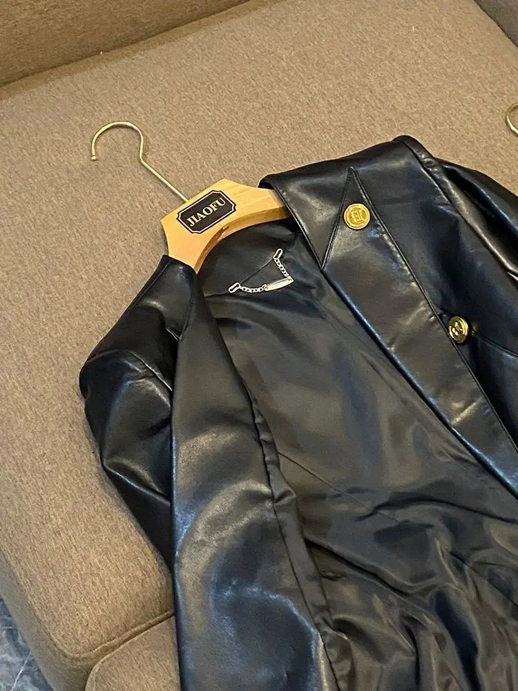 trendy Women's Clothing Faux Leather Coat Black Metal Double-breasted Slim No-wash Leather Suit Top Jacket Coat Women Jackets