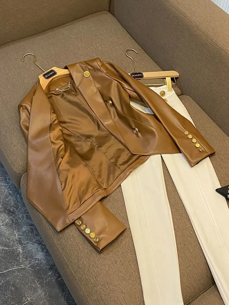 trendy Women's Clothing Faux Leather Coat Black Metal Double-breasted Slim No-wash Leather Suit Top Jacket Coat Women Jackets