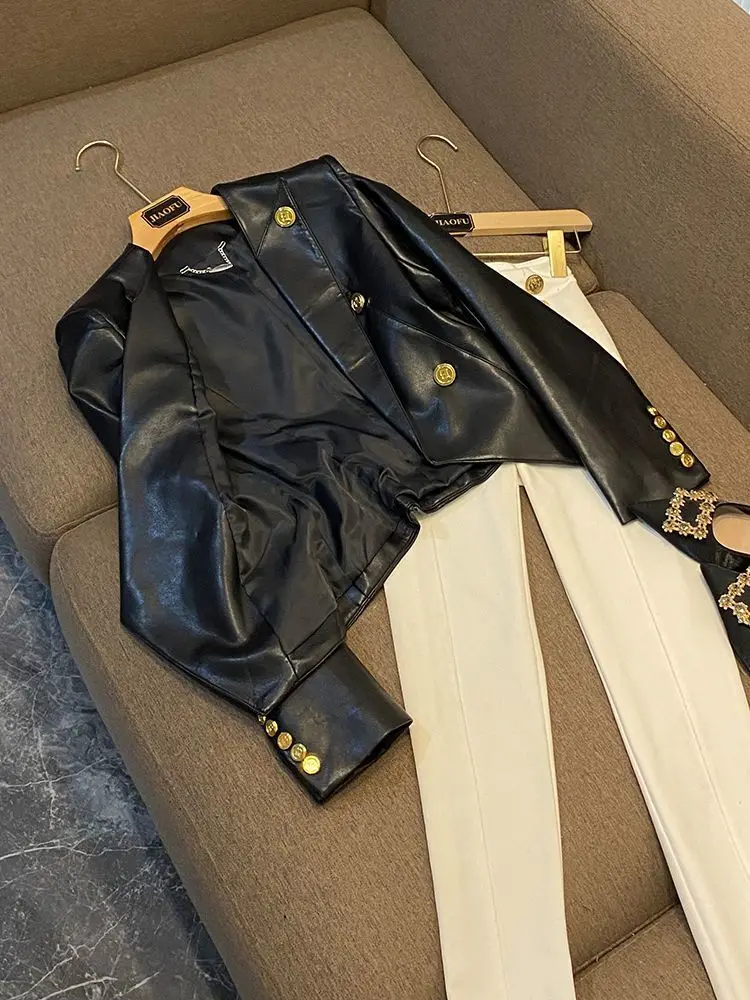 trendy Women's Clothing Faux Leather Coat Black Metal Double-breasted Slim No-wash Leather Suit Top Jacket Coat Women Jackets